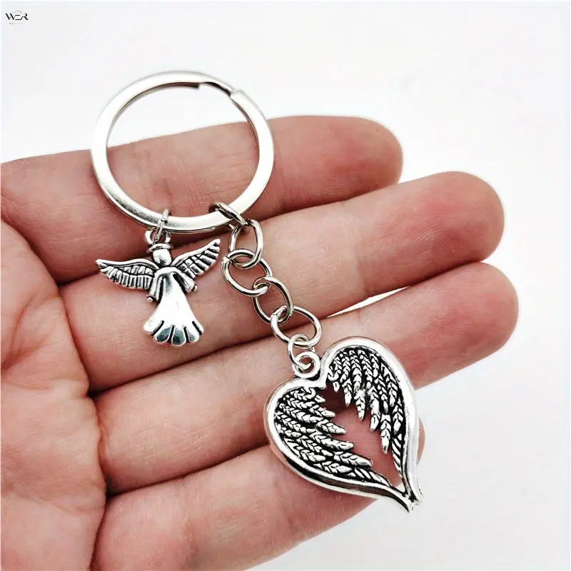 9cm Vintage Silver Angel Heart Wing Keychain 2 Charms Mini Angel Figurine 3cm Winged Heart Pendant Retro Religious Themed Key Ring Bag Ornament Sympathy Remembrance Inspirational Keepsake Gift