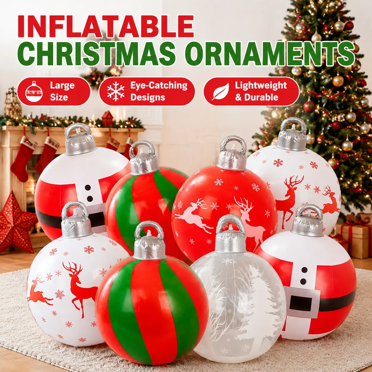 Christmas Inflatable Ornament Ball for Yard Patio Home Party Decor, Lightweight Easy‑to‑Inflate PVC Giant Xmas Ball, 55cm Holiday Hanging Decoration