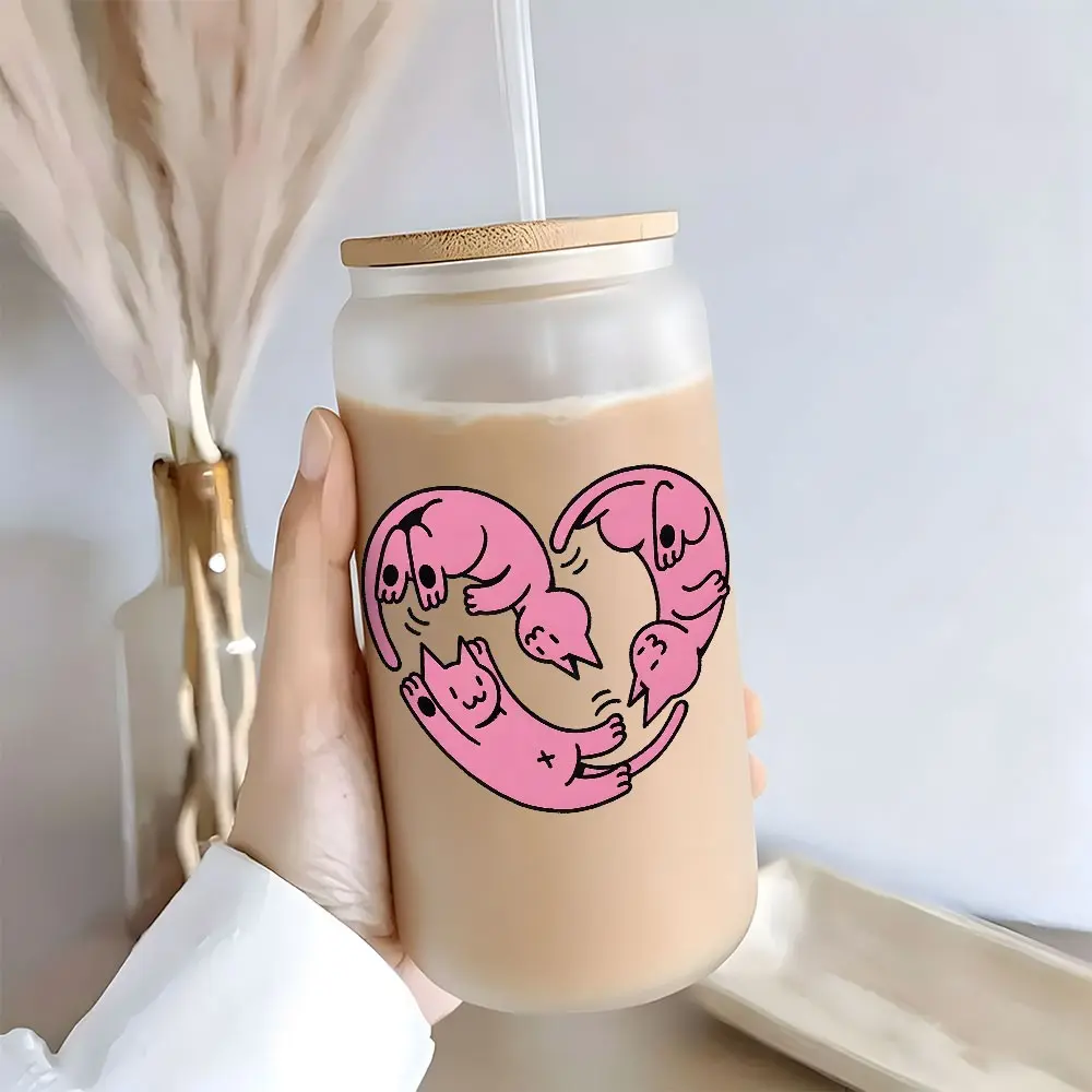 Cute Cartoon Cat Design 16oz Glass Cup with Lid and Straw,Reusable Glass Drinking Cup, High-Quality Glass Jar for Iced Coffee, Tea, Smoothie, Cold Drinks, Sweet Autumn Glassware, Perfect Holiday Gift for Women, Friend, Family