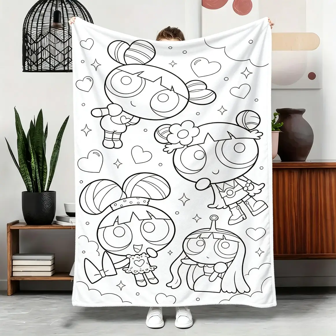 DIY Coloring Blanket for Adults and Kids, Cute Cartoon Line Art Soft Flannel Throw Blanket, Washable Coloring Craft Blanket for Holiday Home Sofa Couch Decor, Creative Gift, Throw Blankets, Blankets, Bedding, Bed Accessories