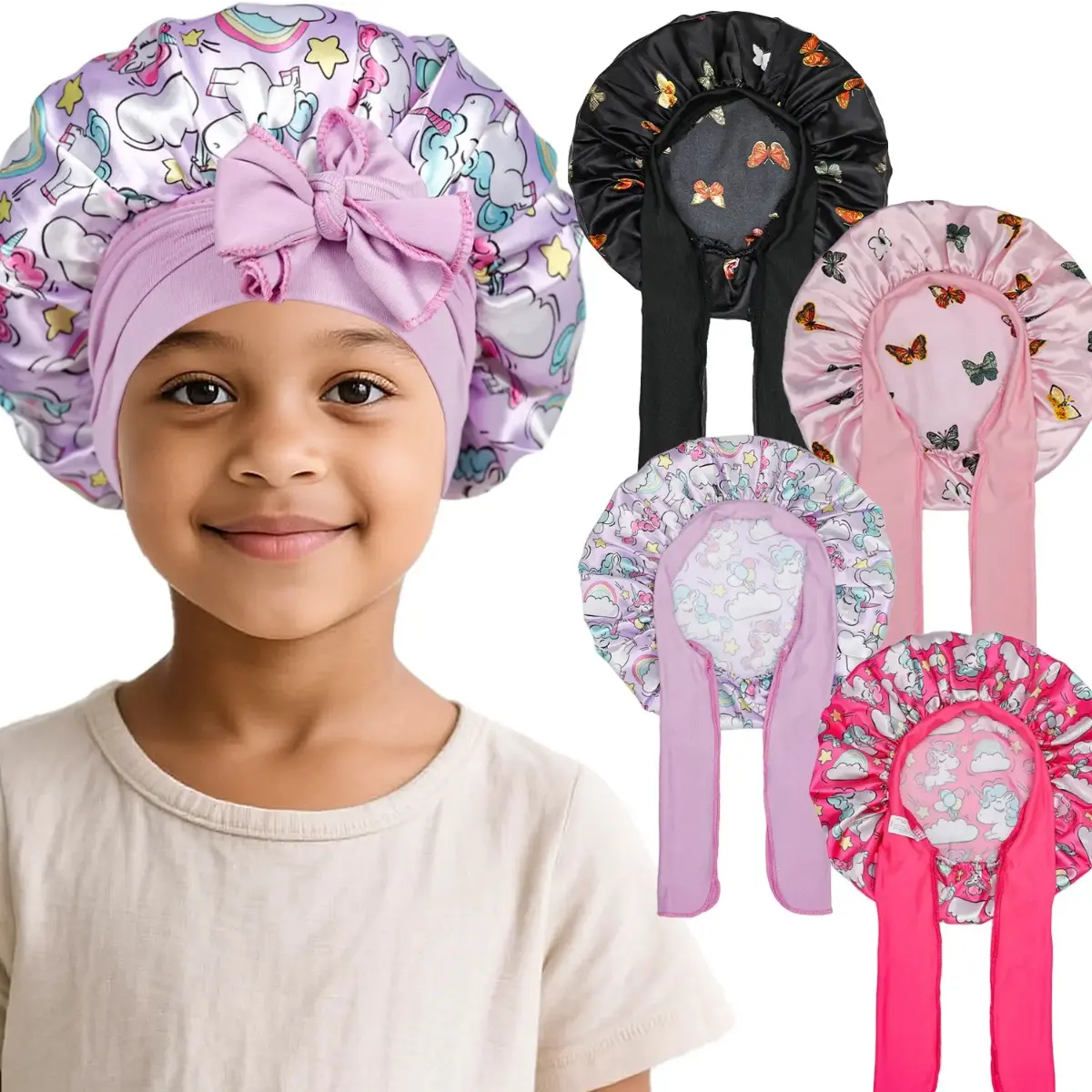 Kids Soft Satin Elastic Stretch Decorative Sleep Bonnet Hat - 1-Size-Fits-All Reusable Hair Accessory for Children, Female Night Haircare, Unicorn Print, Tie Strap, Flowy Ribbon