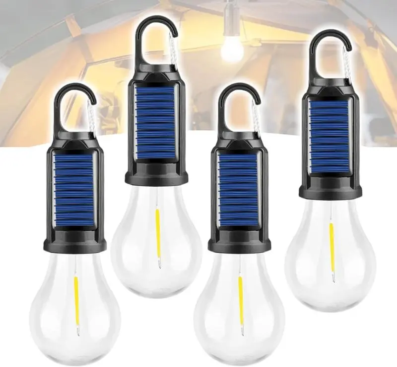 Solar LED camping lights with hook — USB‑C rechargeable, IPX4 waterproof, 3 lighting modes (high/low/strobe), solar powered, elegant and portable design, durable tent lights for hiking, backpacking, adventures, and lighting