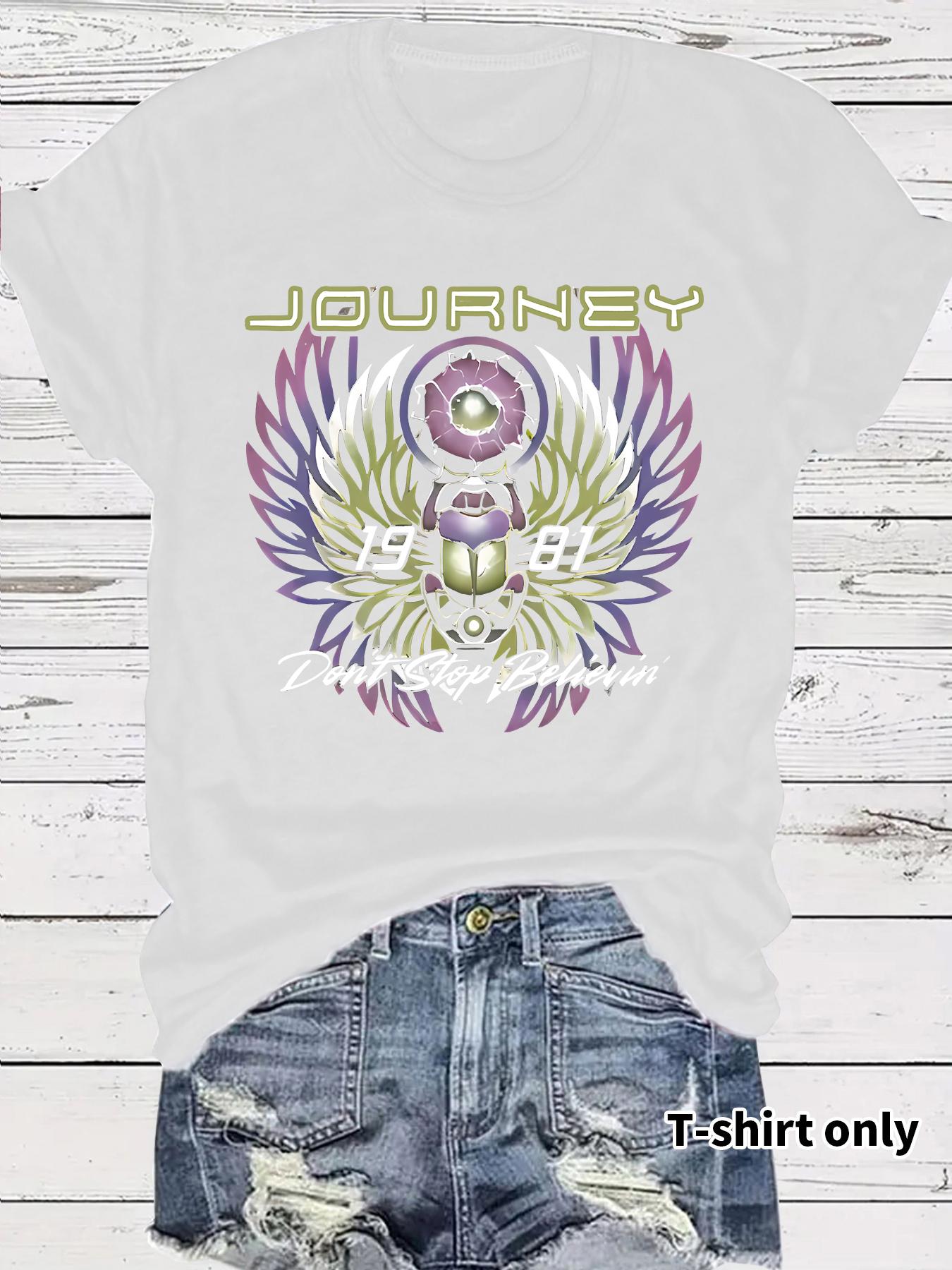Women's Journey Don't Stop Believin' Print Round Neck Graphic Tee, Vintage Trendy Casual Short Sleeve Crewneck T-shirt for Daily Wear, Ladies Summer Outfit
