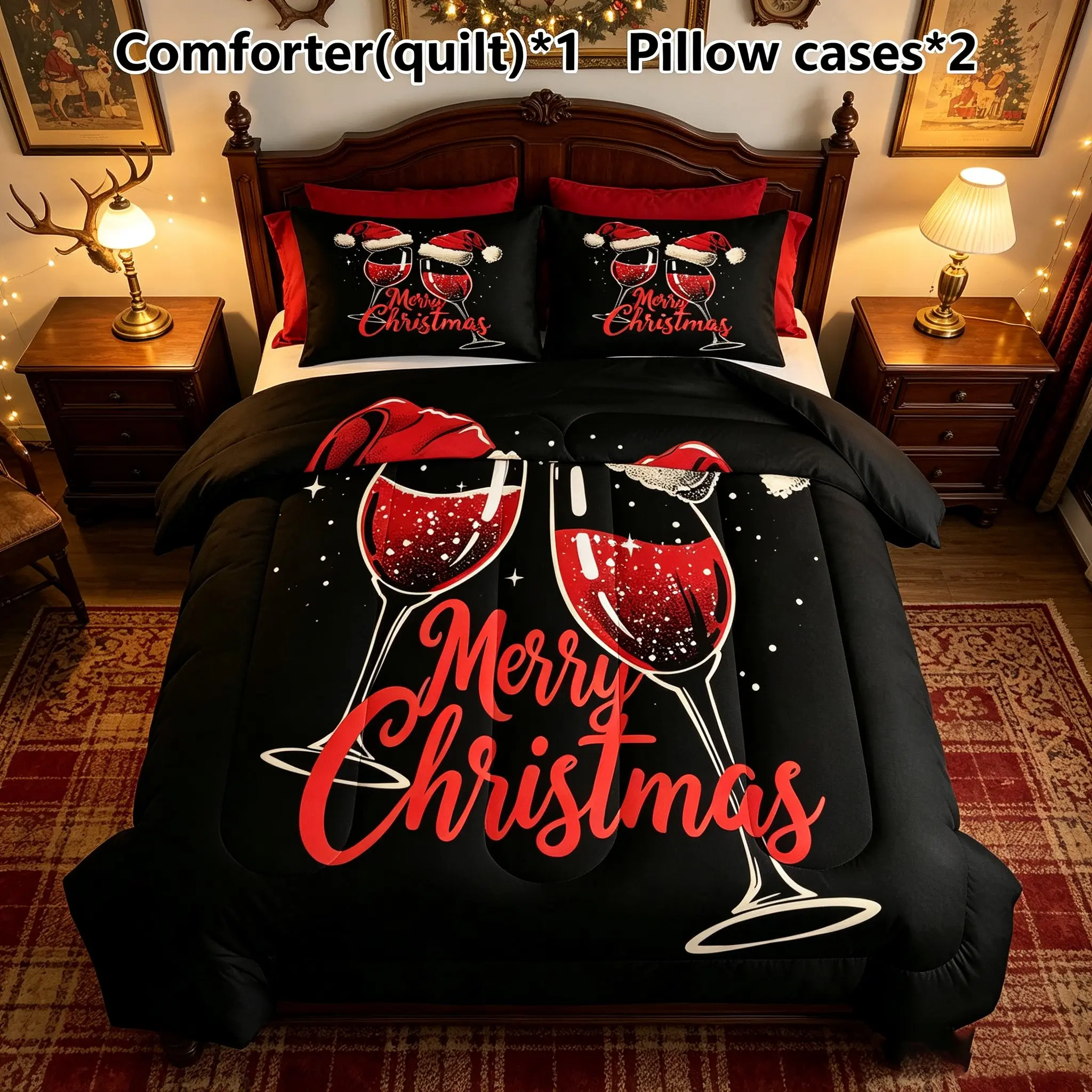 3pcs Black Base Christmas Red Wine Tall Cup Printed Quilted Quilt Set (1 Quilted Quilt+2 Pillowcases) Christmas Hat Merry Christmas Holiday Stitch Western Home Homestay Christmas Atmosphere Bedding