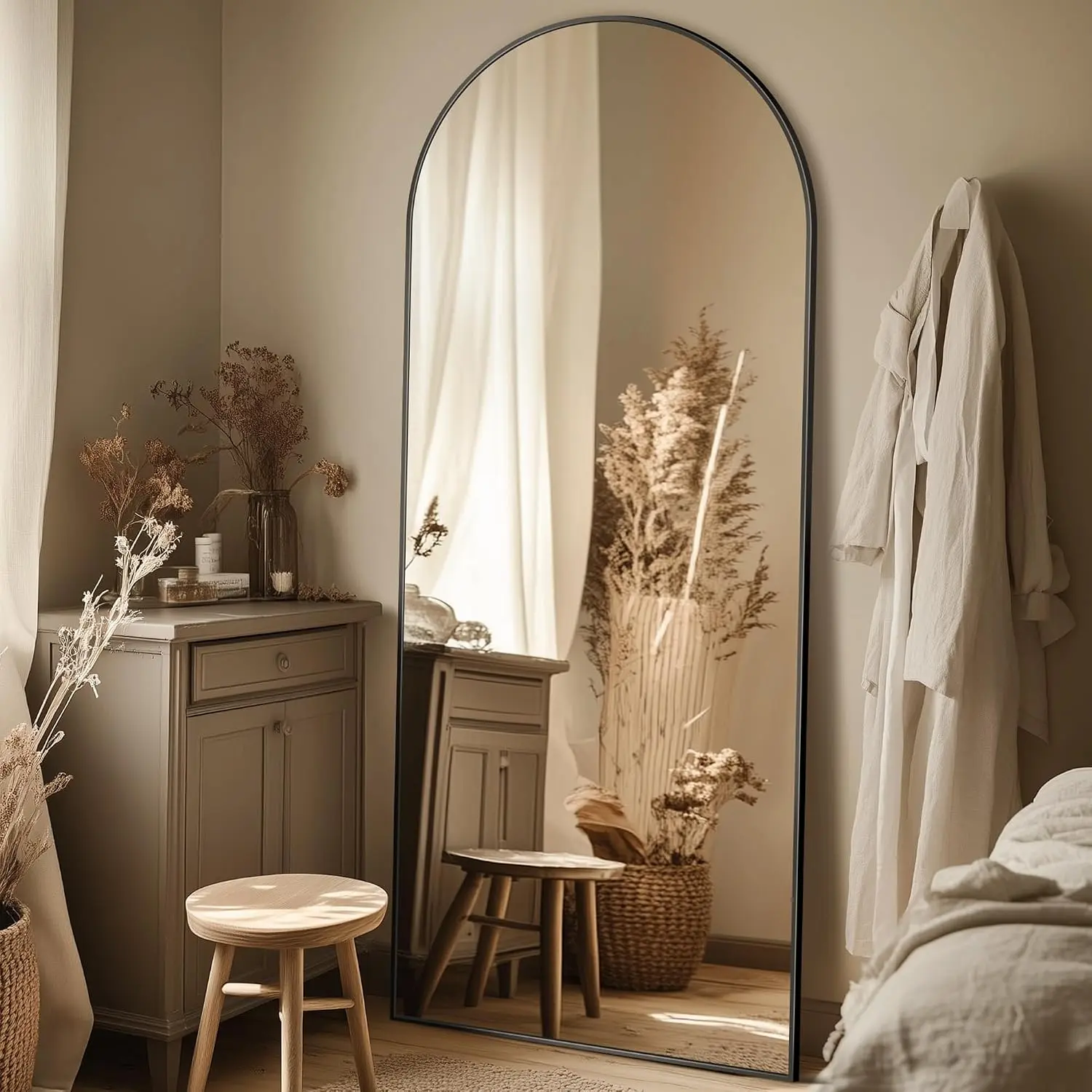 58"x18" Full Length Mirror, Arched Full  Mirror, Standing  or Leaning Floor Mirror for Bedroom and Living Room, Black