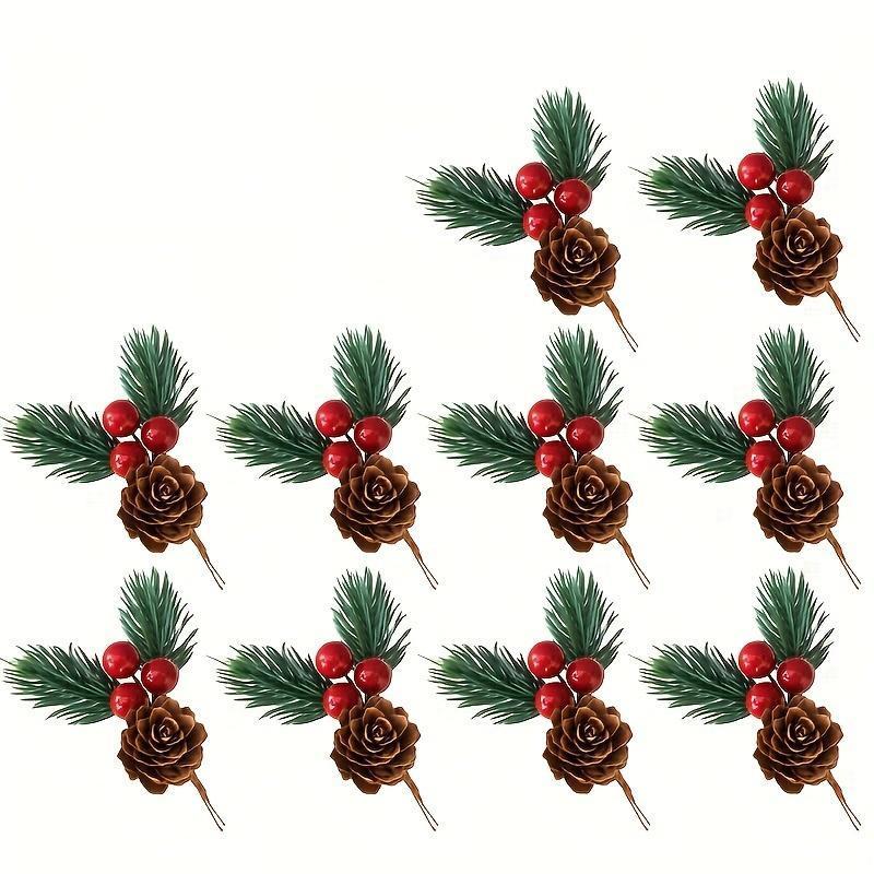10pcs Artificial Pine Cones & Red Berry Stems, Realistic Evergreen Christmas Tree Decorations, Holiday Home Accents