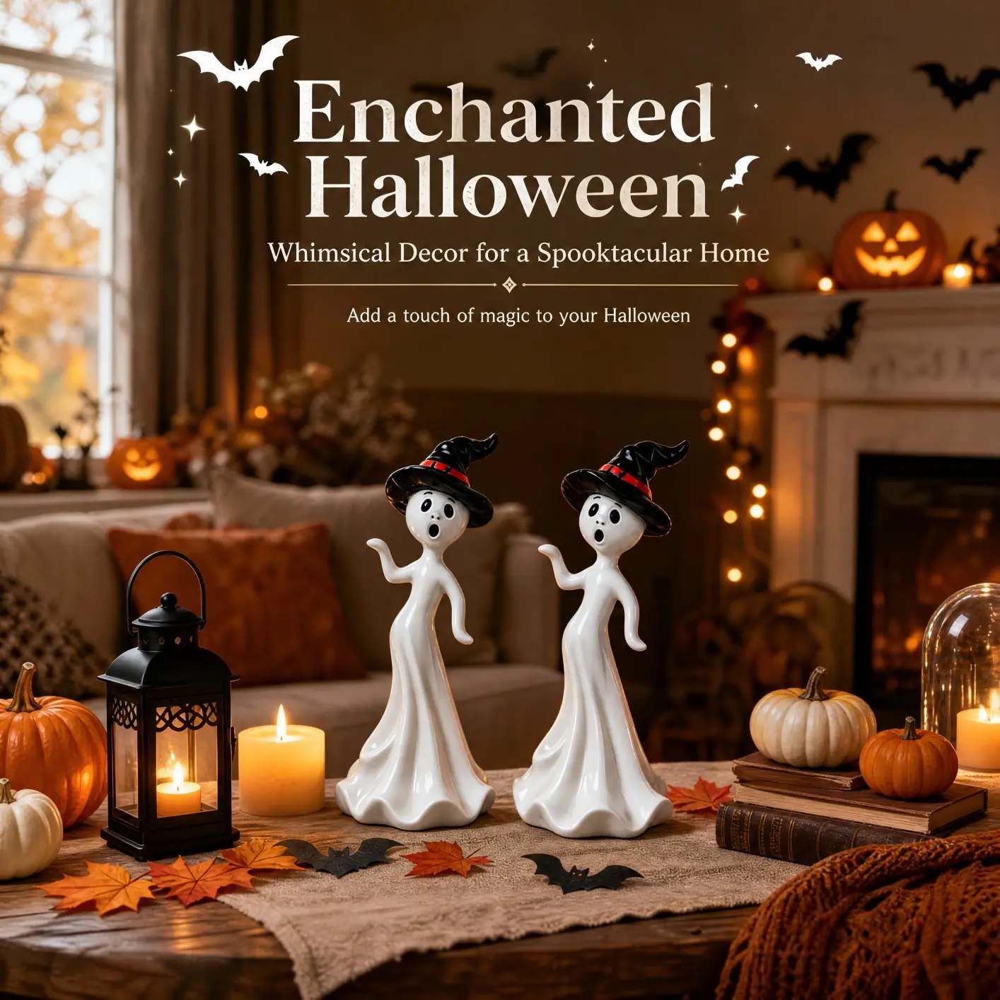Halloween Ghost Witch Statue, Cute White Ghost Figurine with Witch Hat, Resin Desktop Ornament for Home Fireplace Table Decor, Spooky Halloween Party Indoor Decoration Gift