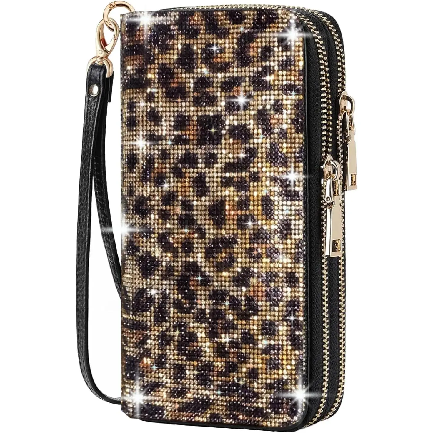 Women's Rhinestone Large Capacity Double Zipper Wristlet Clutch Purse Party Wallet Card Phone Holder