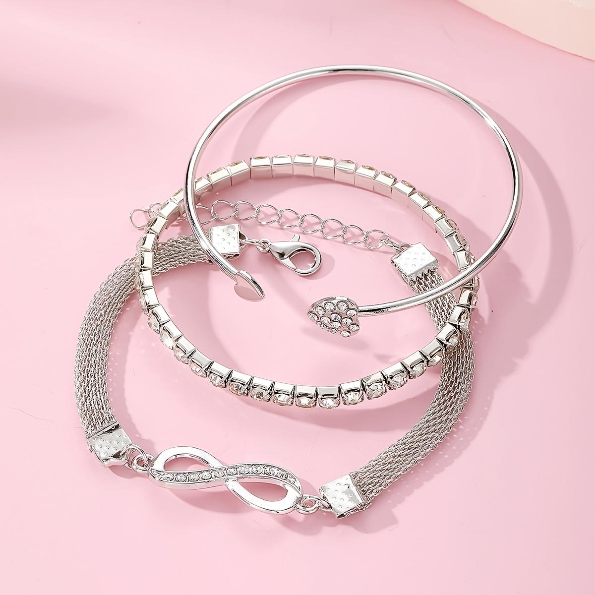 3 Pcs Vintage Elegant Rhinestone Bracelet Set - Adjustable Heart & Infinity Symbol Bangle, Stylish Alloy Open Cuff for Daily Wear & Gift Occasions