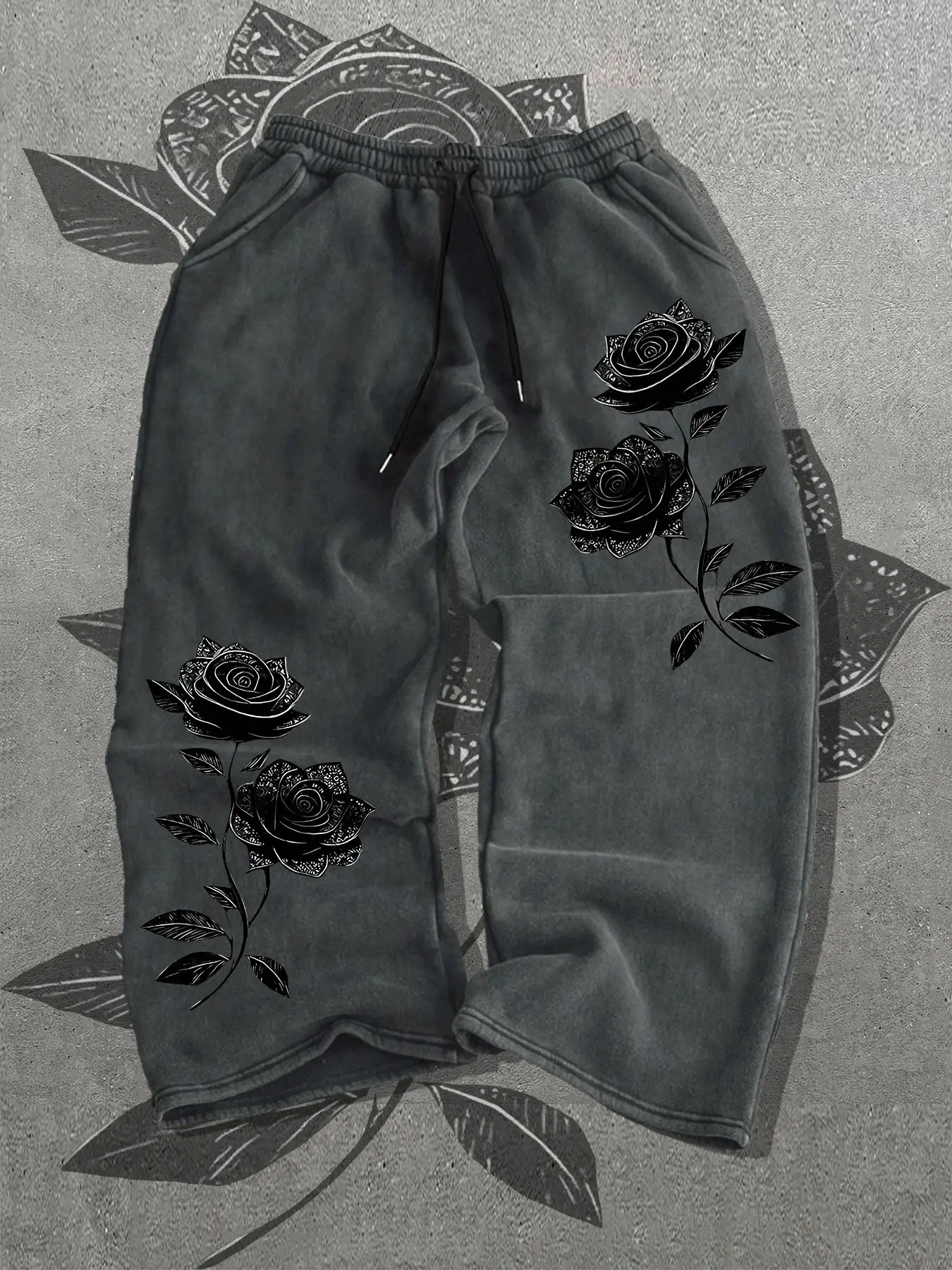 Gothic Rose Print Loose Fit Wide Leg Sweatpants, Drawstring Waist, Pocket Design, Casual Streetwear, Multiple Colors Available