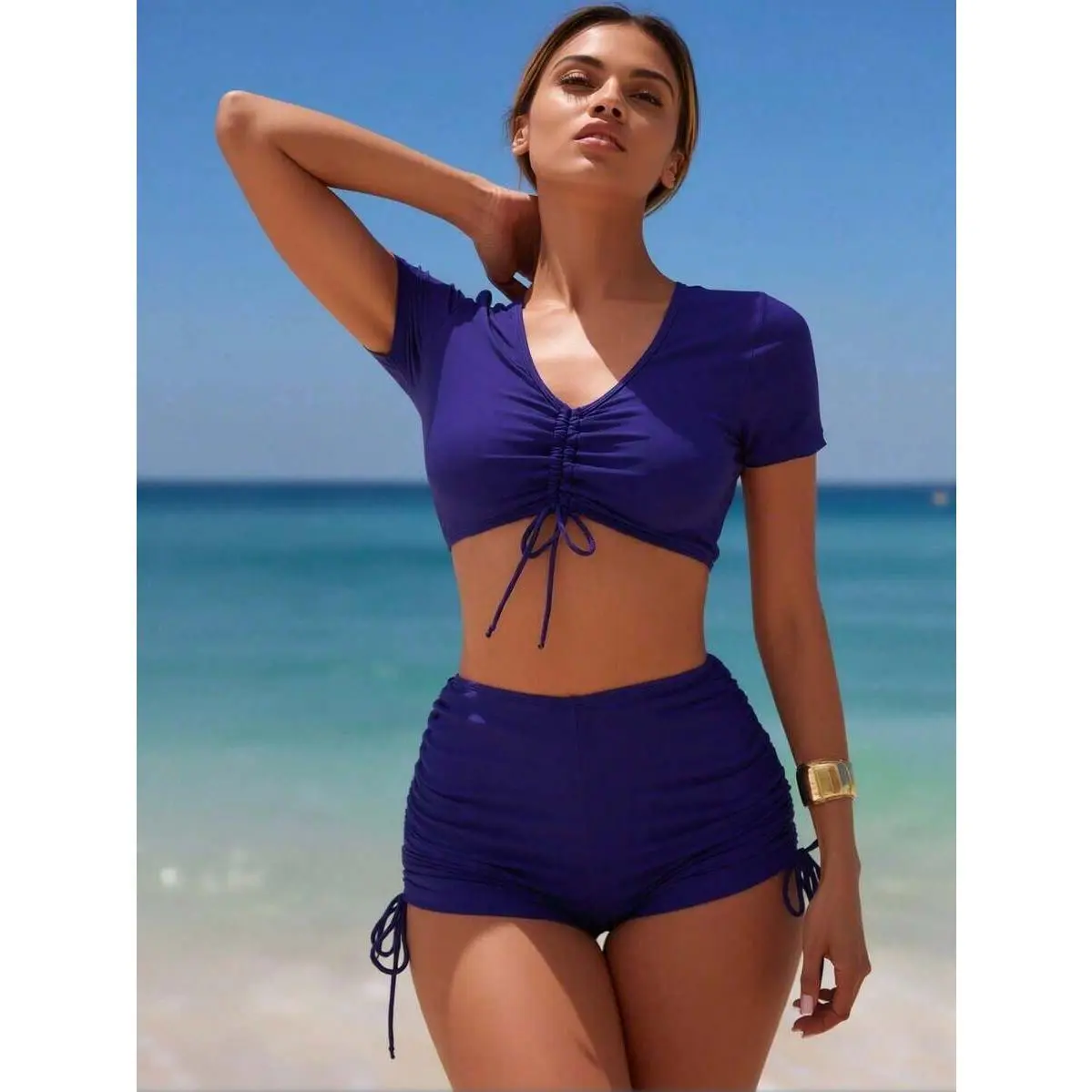 Women's 2026 New 2-Piece Tie-Front Tankini Set - Solid Royal Blue, Stretchy Fabric, Short-Sleeve Ruched Crop Top, Deep V-Neck, High-Waist Tie-Side Bottoms, Modest Sporty Beach Swimwear, Deep V-Neck Women's Tankinis Set, Stretchy Fabric Women's Tankinis Se