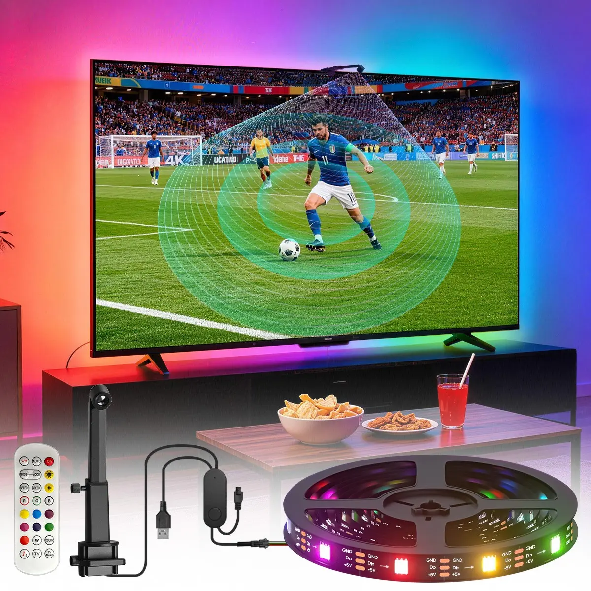 TV Backlight Strip LED Dimmable with 24-Key Remote Control, Led Lights Strips, Dimmable Led Lighting, with Retractable AR Sensor That Captures Colors And Music Rhythms, Synchronizing Sound And Light Beats, USB Powered for Home Theater & Gaming Setup