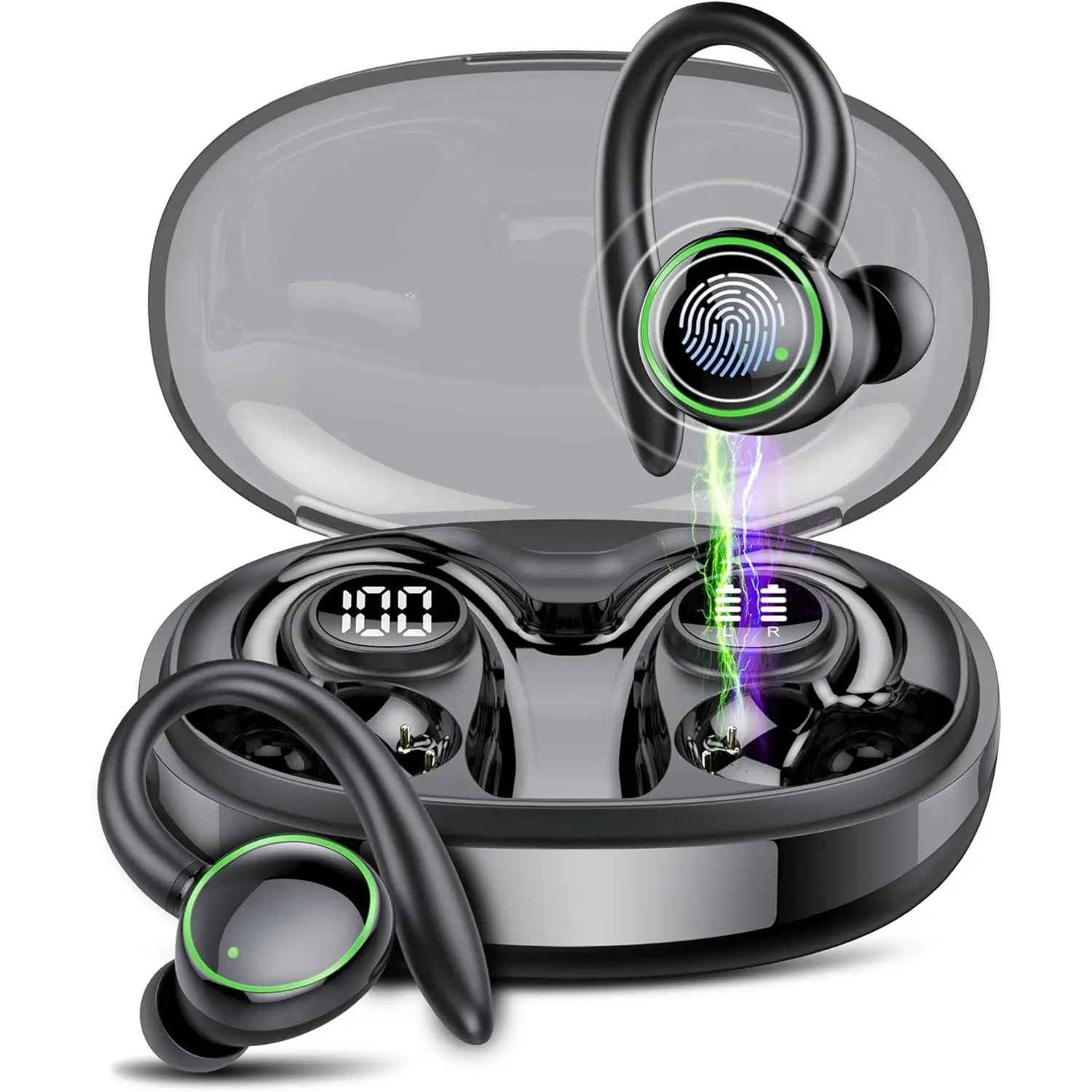 Wireless Earbuds, Bluetooth 5.4 Headphones Sport, Over Ear Buds With ENC Noise Cancelling Mic, 48H, Wireless Earphone With Earhooks, Stereo Deep Bass, IP7 Waterproof for Workout Running, Dark Black