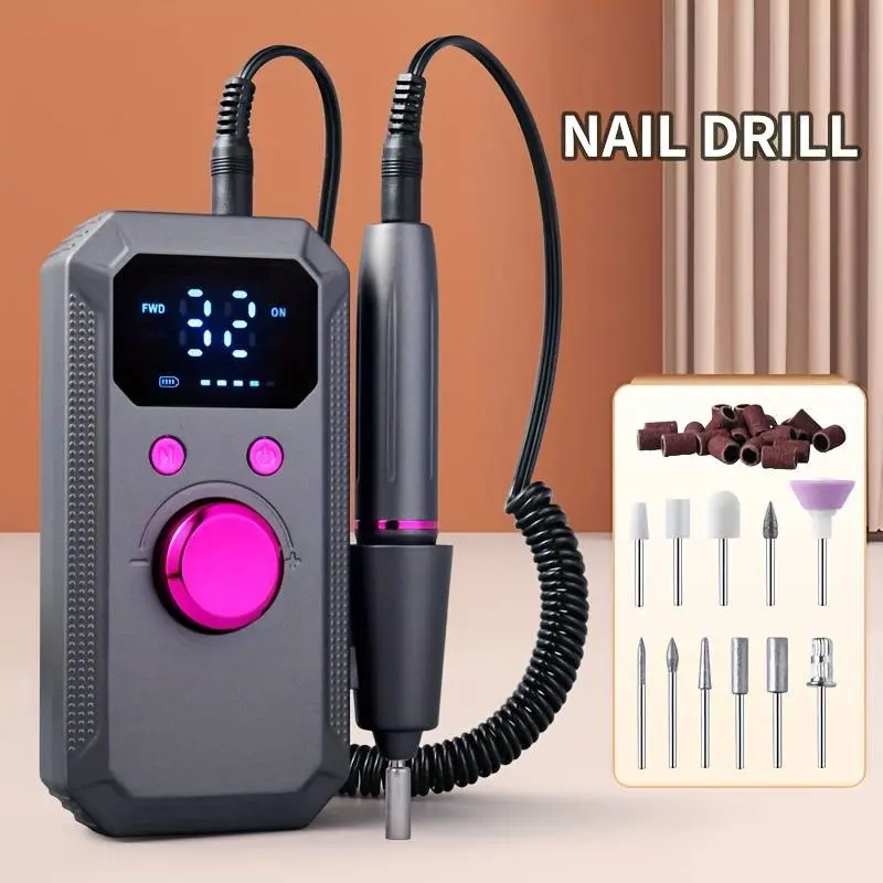 Professional electric nail polishing machine, LED display screen, multiple polishing heads, 32 adjustable gears, forward and reverse rotation polishing, high-efficiency power, compact design, perfect gift for female nail art