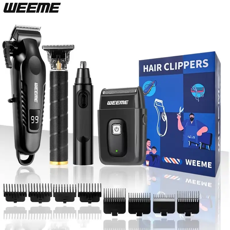 WEEME 4-piece men's rechargeable electric haircutting set - includes hair clippers, electric razor blades, beard trimmer, ear and nose hair trimmer, USB charging - LCD display, sculpting styling, suitable for home, car, and travel use, perfect Father's Da