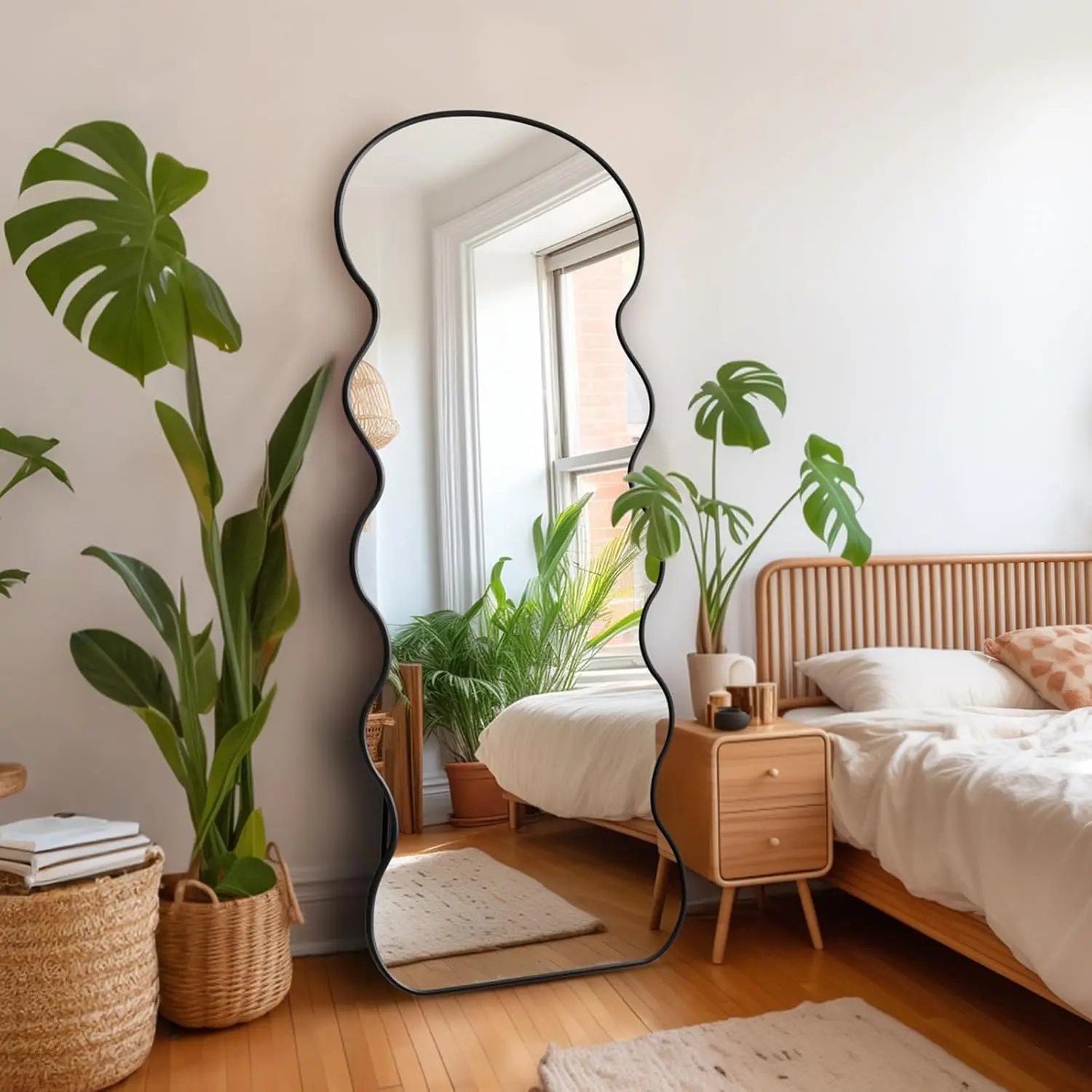71x28 Wavy Full Length Mirror with Stand for Bedroom, Living Room, Cloakroom, Shatterproof, Aluminum Frame