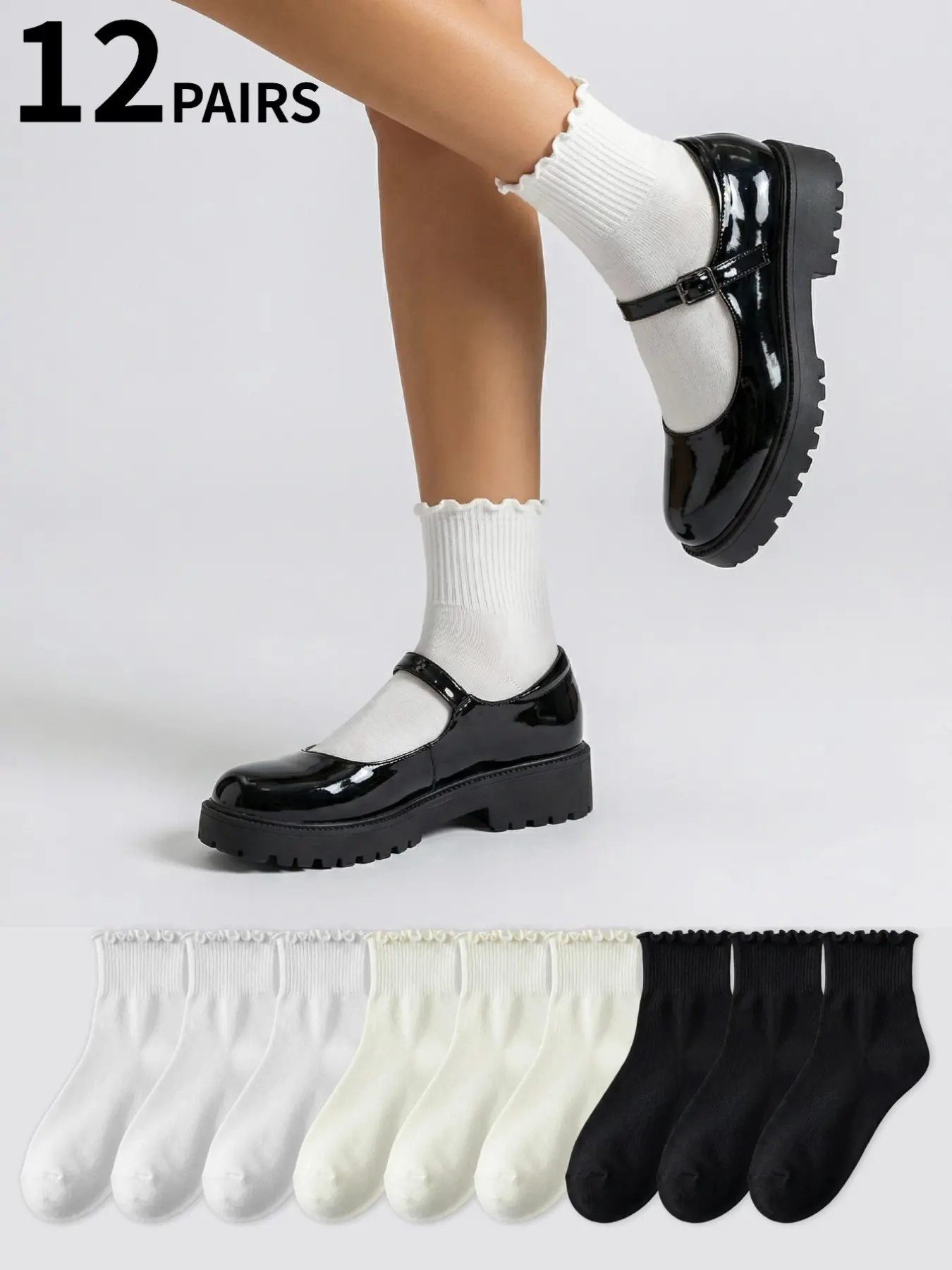12-Pair Set of Ruffled Knee-High Socks, Thigh-High Socks, Ankle Socks, Women's Socks, Casual Socks  Black, White, and Beige Three-Color Ribbed Sock Set  Coquette Ballet-Style Mary Jane Sock Set—The Perfect Match Fit