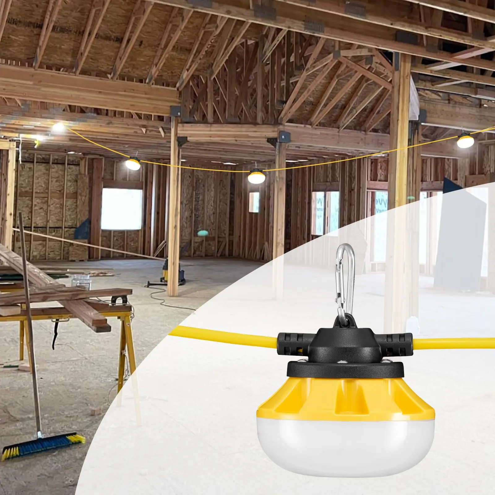 100FT Construction String Lights, 100W 10000LM, 10PCs String Work Light, 5000K, IP65 Waterproof, with Hanging Hooks, for Construction Site, Temporary Lighting Indoor & Outdoor, ETL Listed