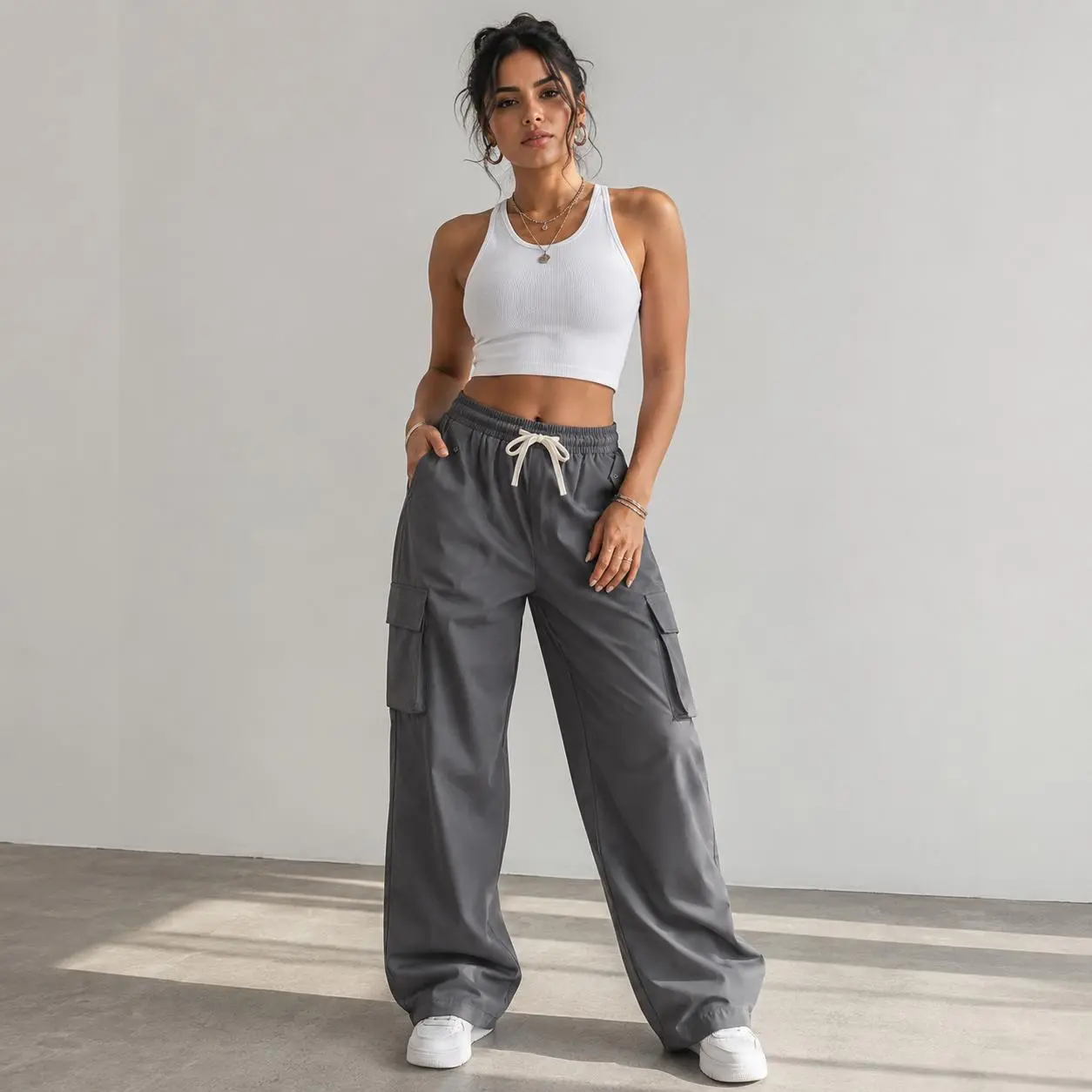 Women’s Y2K Gorpcore parachute cargo pants | Loose wide-leg fit | Venice beach street style | Loose drawstring long pants