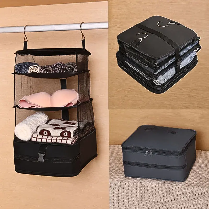Foldable Hanging Travel Packing Cube with Hanging Shelf & Laundry Compartment, Collapsible Luggage Clothes Storage Organizer Bag, Space-Saving Travel Essential for Suitcase Packing & Trip Organization