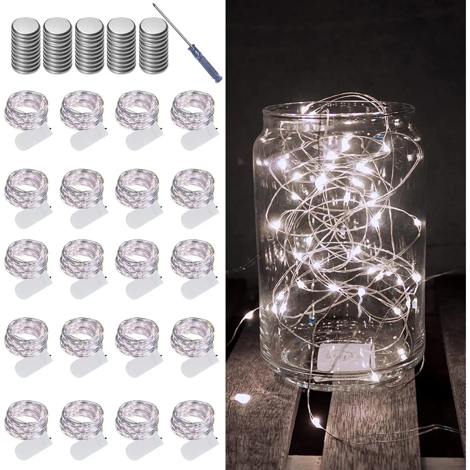 20 Pack Fairy s Battery Operated String s, 20 LED 6.6FT Silvery Copper Wire, Firefly Fairy String s for Wedding Party Mason Jar Christmas Decorations Bedroom Decor(White)