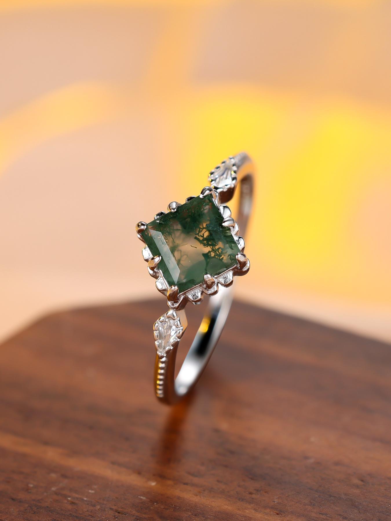 S925 Sterling Silver Artificial Gemstone Sea Grass Decor Ring, Emerald Cut Solitaire Ring, Rings for Women, Fashion Elegant Engagement Ring for Party, Daily Clothing Decor, Trendy Jewelry for Birthday Gift, with Box As Gift