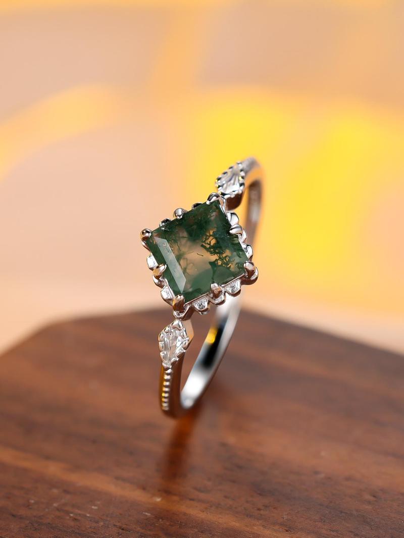 S925 Sterling Silver Artificial Gemstone Sea Grass Decor Ring, Emerald Cut Solitaire Ring, Rings for Women, Fashion Elegant Engagement Ring for Party, Daily Clothing Decor, Trendy Jewelry for Birthday Gift, with Box As Gift