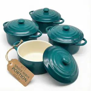 Ceramic Mini Cocotte Set, Small Casserole Dishes with Lids and Handles, Individual Baking Ramekins, Oven Safe 350F, Microwave & Dishwasher Safe, Stoneware, 12 oz, Set of 4, (Aqua Ombre)