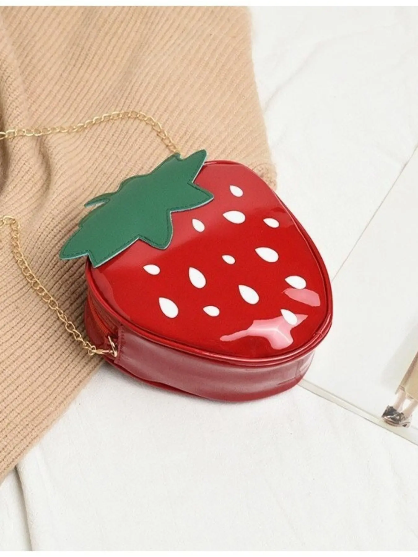 Creative Strawberry Shape Crossbody Bag, Shiny PU Material, Cute Style Phone Key Wallet, Perfect for All Season