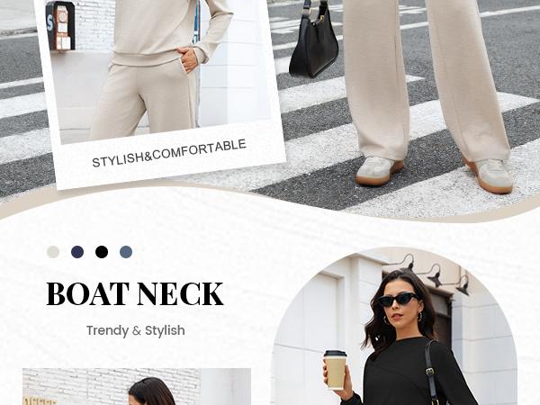 Casly Lamiit Women's 2 Piece Lounge Set Soft Breathable Material Trendy Boat Neck Sweatshirt & Wide Leg Pants Casual Outfits Travel Tracksuit Sets Athletic Fashion Activewear Modern Sportswear