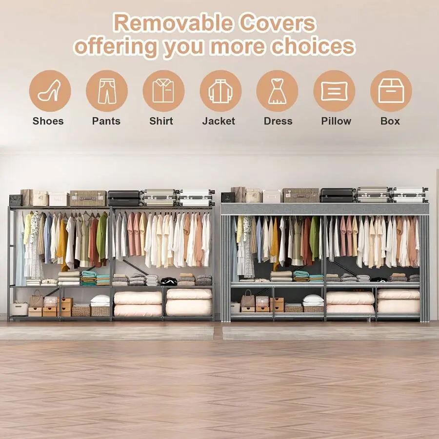 Assembled XXL 95.7" Closet Organizer Heavy Duty Wardrobe Clothes Rack  W/ Cover