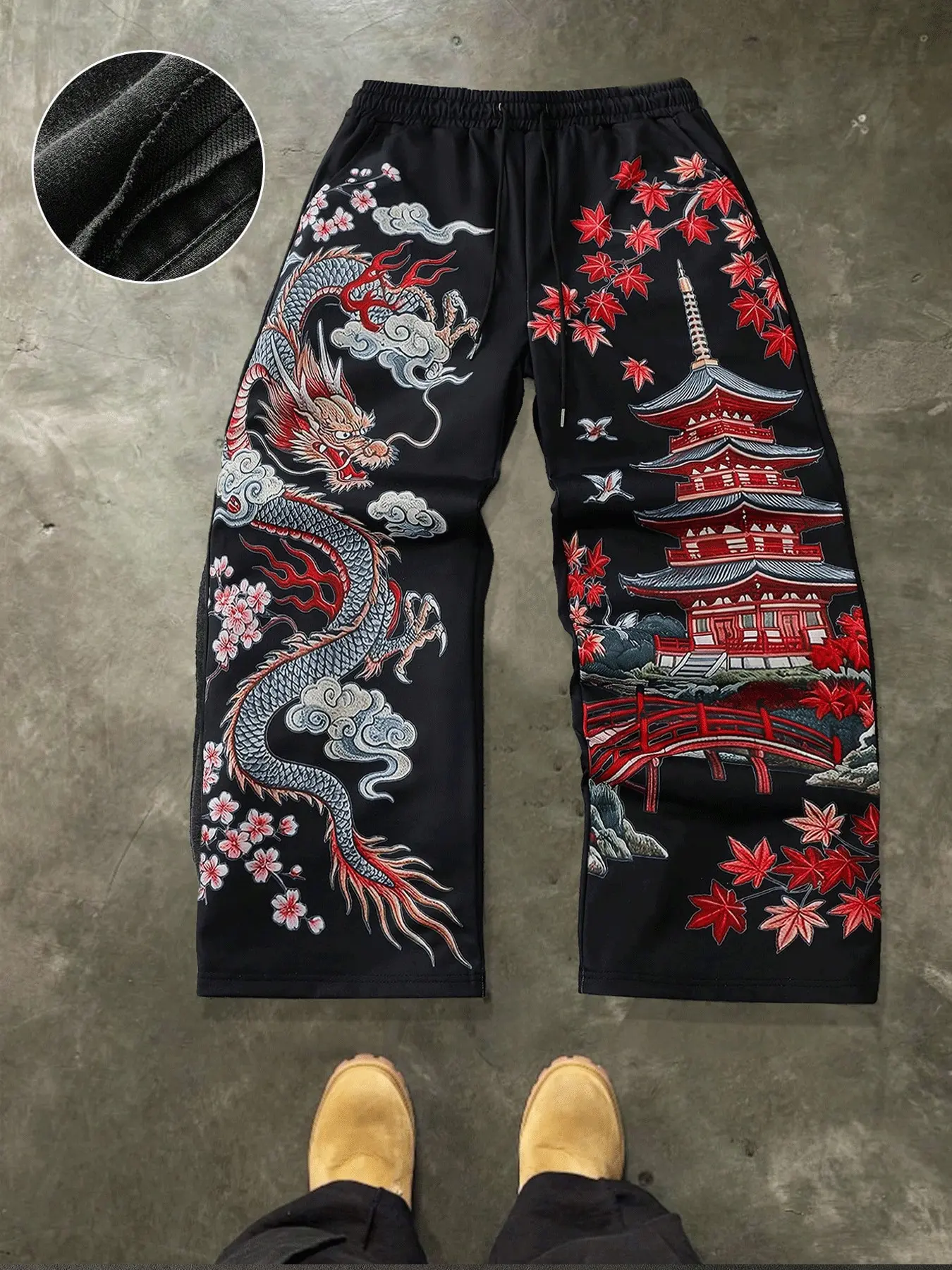 Men's Black Wide Leg Loose Sweatpants, Japanese Dragon Pagoda Maple Cherry Blossom Embroidery Elastic Drawstring Traditional Oriental Streetwear Baggy Jogger Pants with Side Pockets for Men