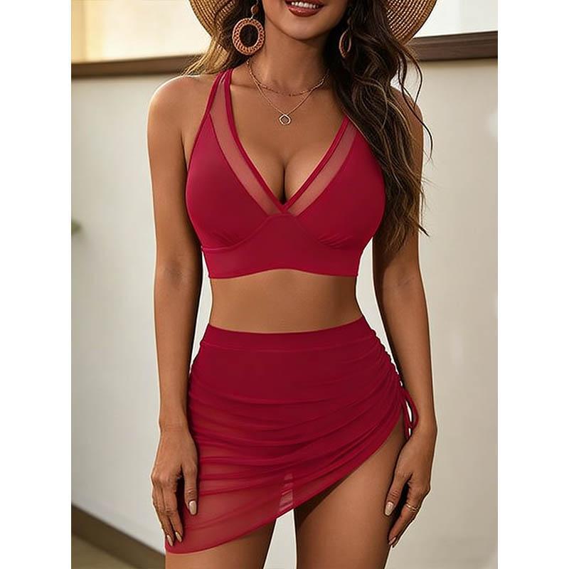 Two-piece Set Women's Solid Color Bikinis Set with Unique V-neck & Translucent Mesh for Beach Holiday Vacation Ladies Swimsuit for All Seasons Ruched Swim Suits