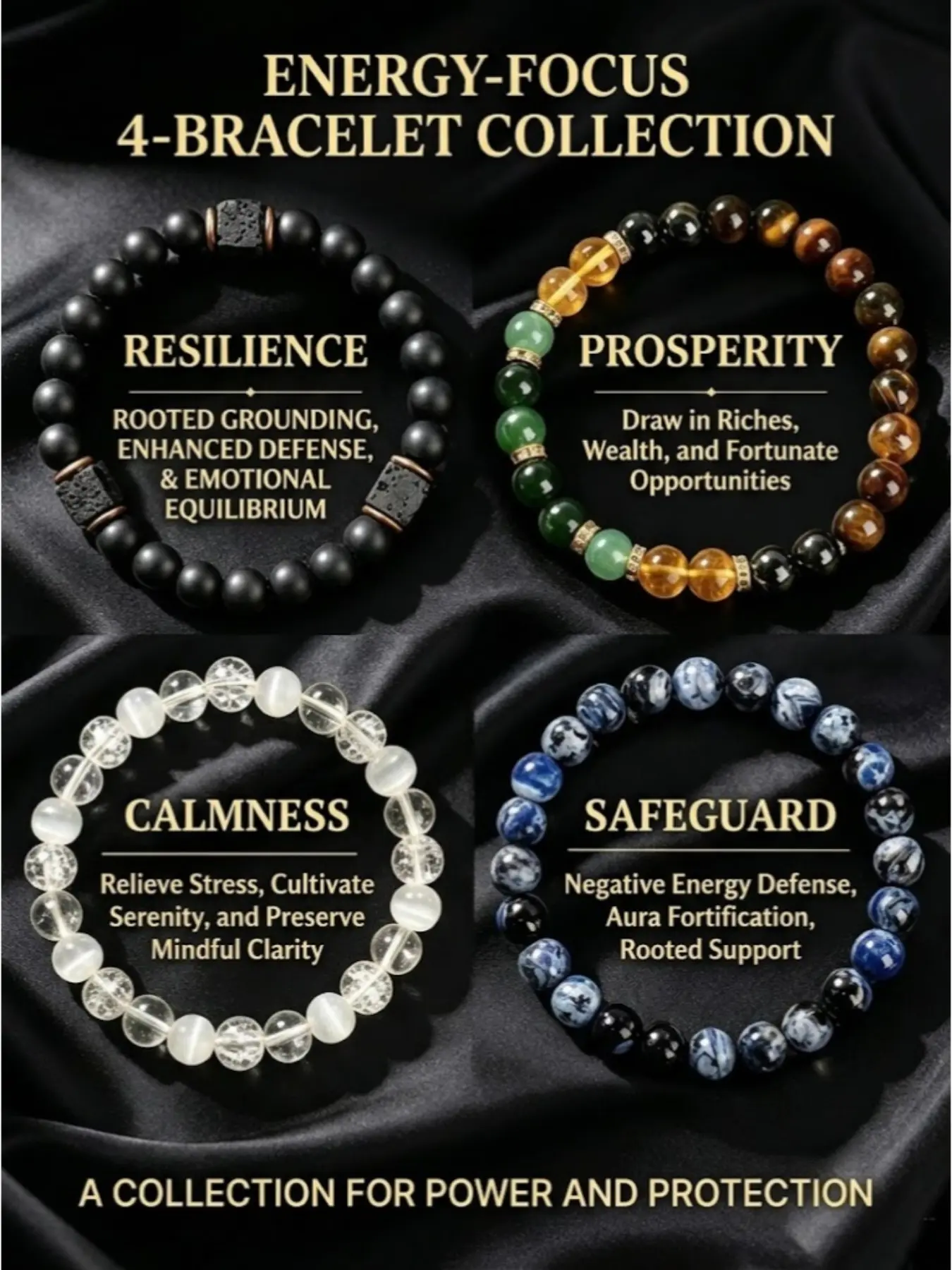 4pcs Boho Crystal Bracelets Set, Unisex, Tiger Eye, Obsidian, Hematite Beads, Protective, Wealth Attracting, Anxiety Relief, Elegant, All Seasons