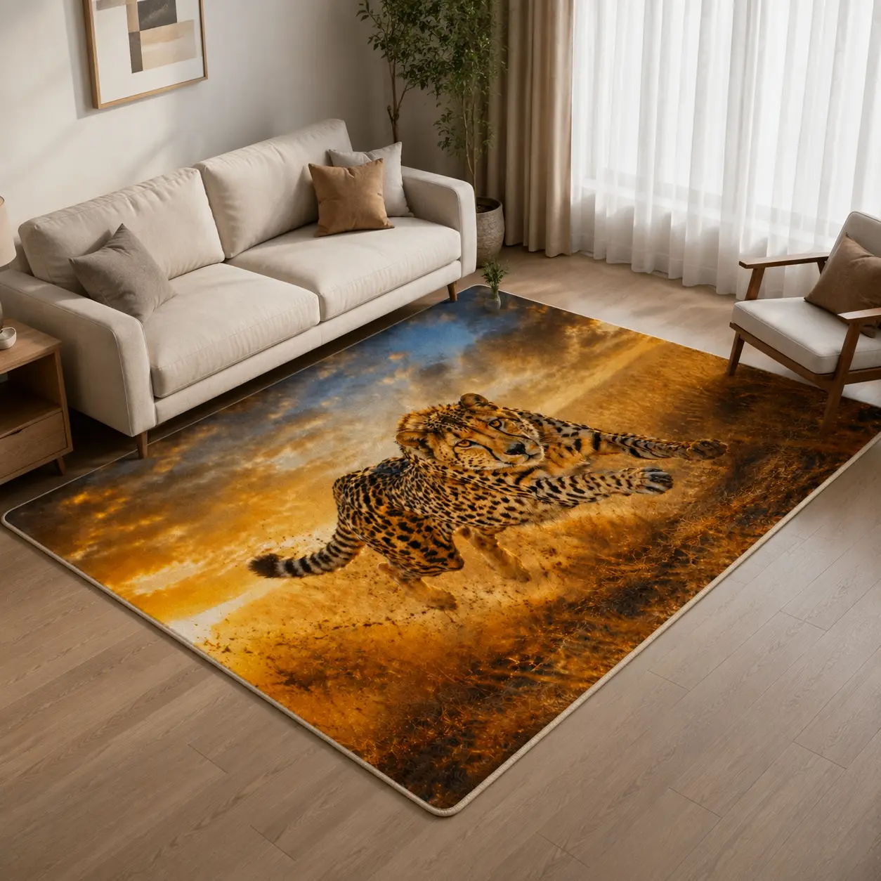 High-Definition Cheetah Running on Savannah Printed Plush Rug, Soft Faux Cashmere, Non-Slip & Machine Washable for Living Room or Bedroom