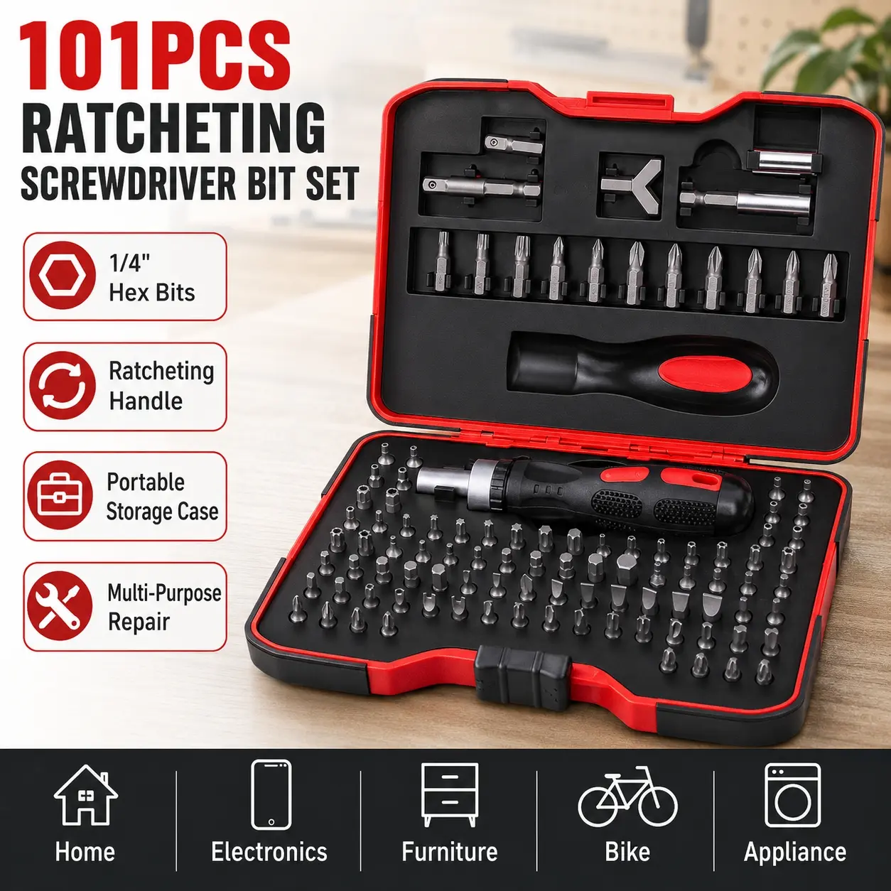 101Pcs Screwdriver Bit Set with Ratcheting Handle,Multi Functional Hand Tool Kit with 1/4” Hex Bits,Phillips Slotted Torx Hex Security Bits,  Heavy Duty Repair Tool Set for Home Appliance,Electronics,Car Maintenance, Furniture Assembly and  Repairs
