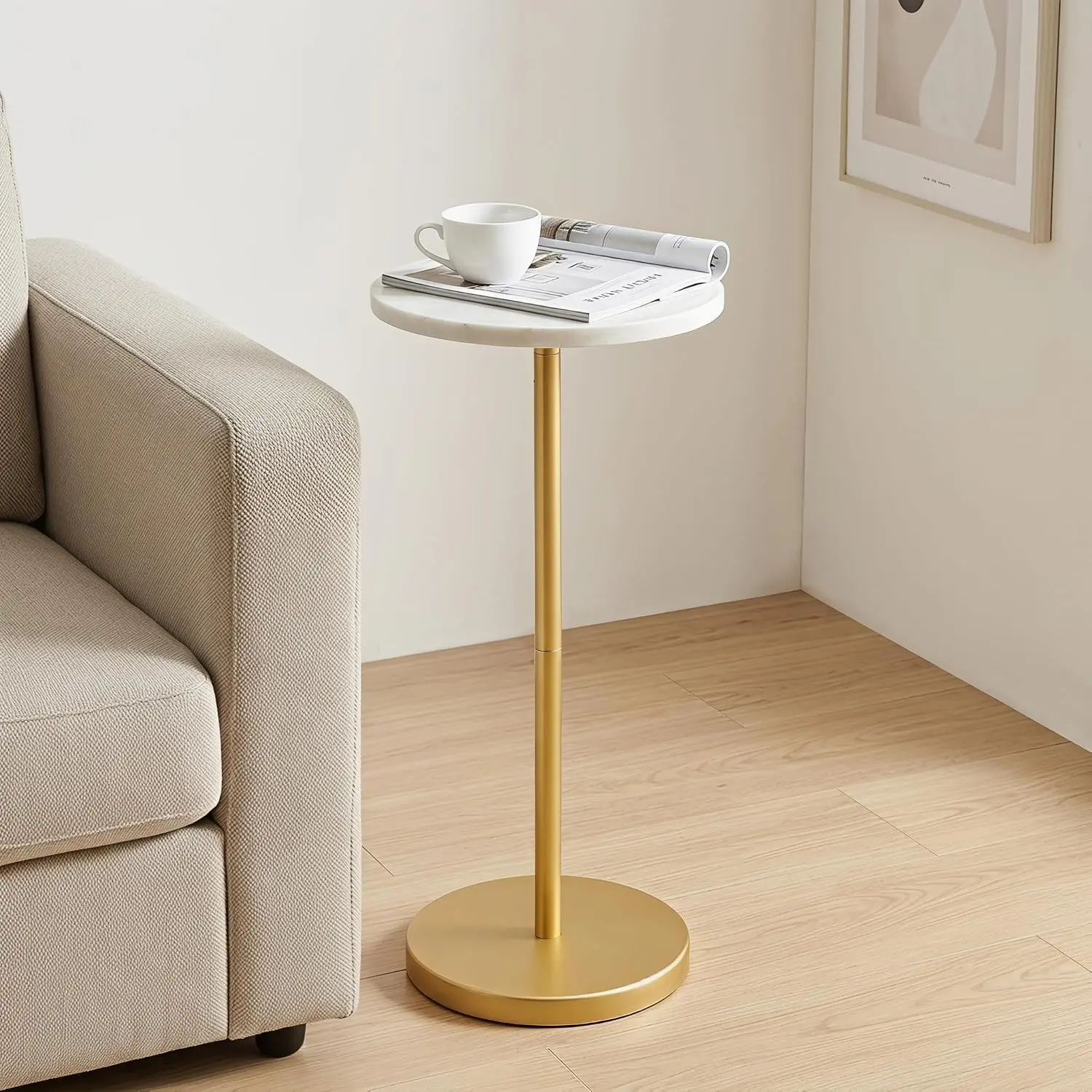 Natural Marble Drink Table, Small Round Side Table, Martini Table | Marble Pedestal Accent Table for Living Room, Bathroom & Small Spaces, White