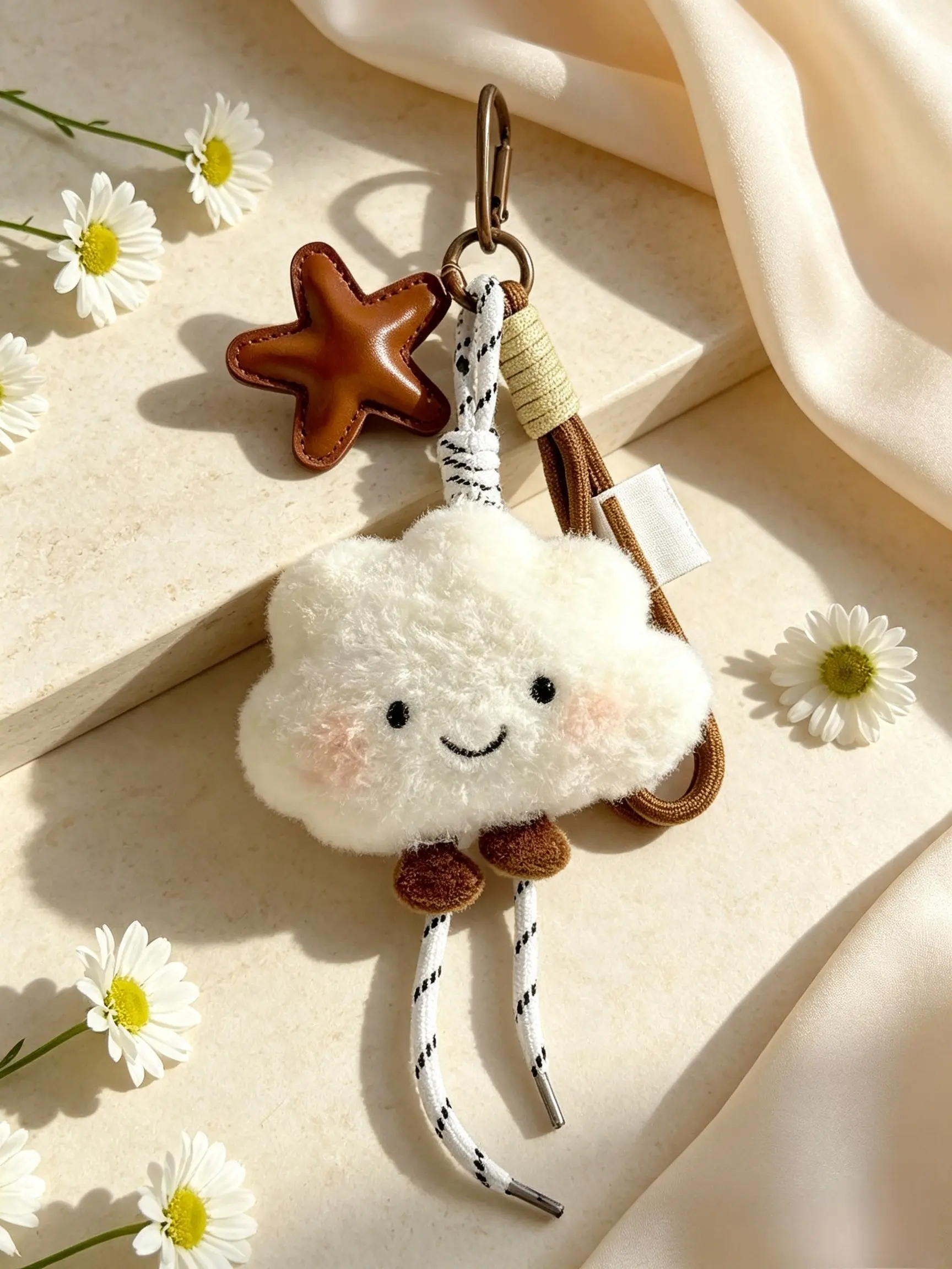 Super Cute Kawaii Smiling Face Happy Cloud Plush Keychain, Metal Key Ring for Women and Girls, All Seasons Accessory, Cute Keychains