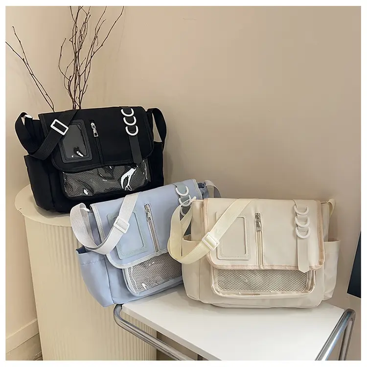 Oxford Fabric Ita Crossbody Messenger Bag, Clear PVC Display Window Large Capacity Multi Pocket Adjustable Wide Strap Shoulder Bag for Anime Collectibles Daily Travel
