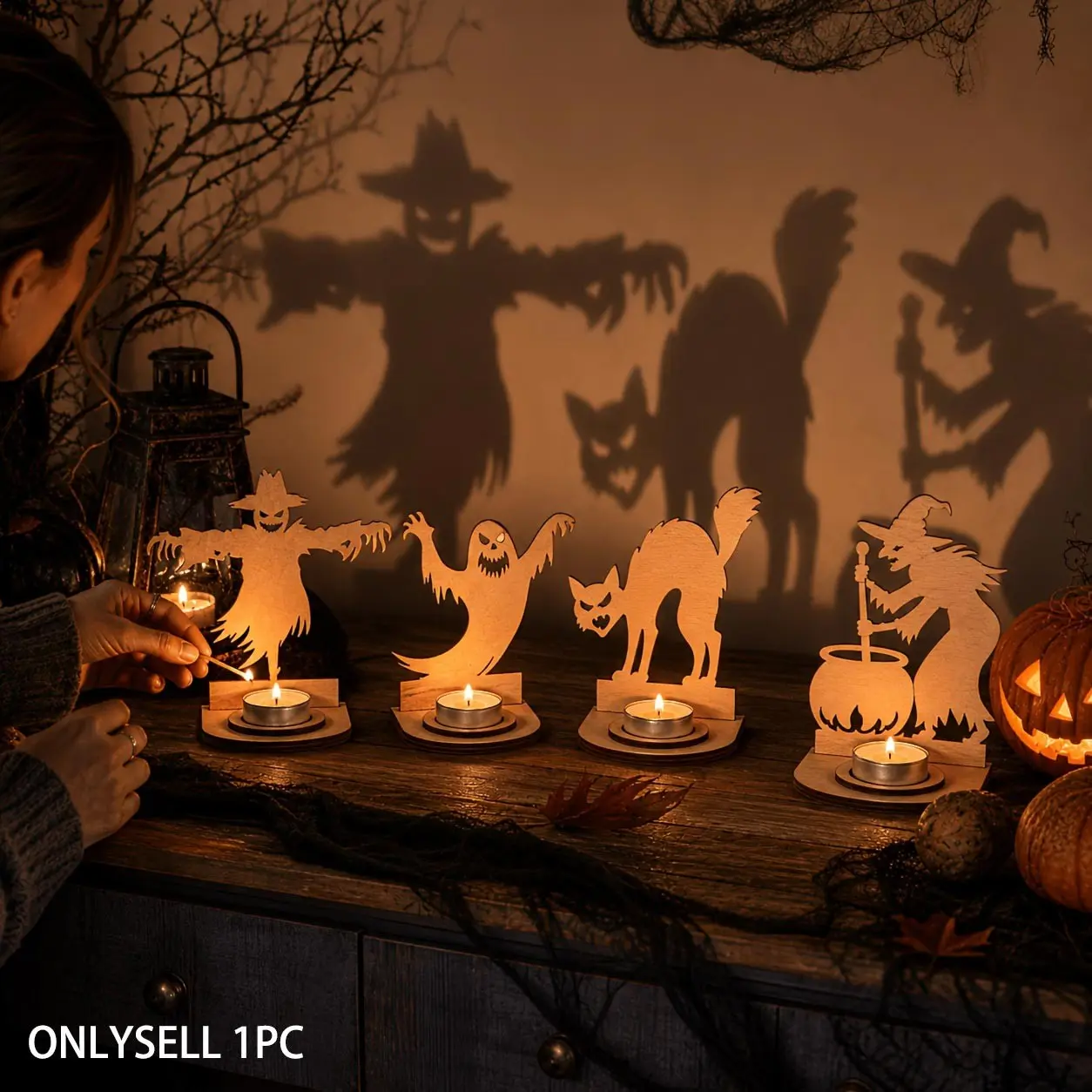 Spooky Halloween Wooden Shadow Candle Holder Witch Ghost Scarecrow Black Cat Silhouette Tealight Candlestick Halloween Table Decor Indoor Horror Party Ornament Halloween Gift for Home Decor