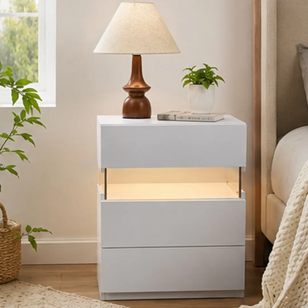 ARCH LED Nightstand with 3 Drawers White Engineered Wood Bedside Table with Acrylic Board and RGB Lights for Bedroom Living Room End Table Dresser Nightstand Furniture Easy Assembly, White Color Options, Engineered Wood Material, Color: White