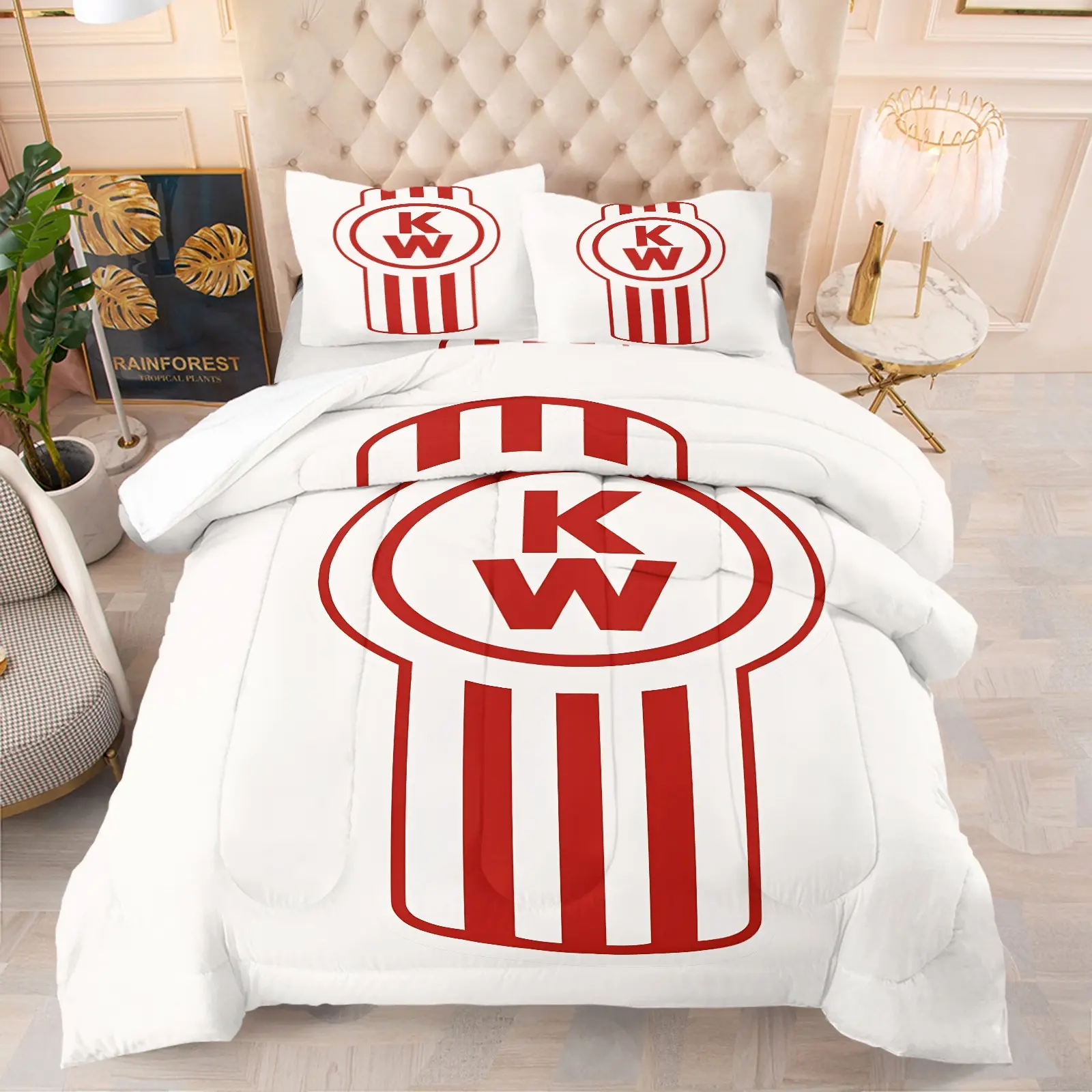 Red KW Truck Logo White Comforter Set, 1 Comforter + 1-2 Pillowcases, Durable Soft Comfy Washable Bed Set, Classic Truck Emblem Print Bedding, Vintage Trucker Style, All Season Decor for Truck Lovers Men