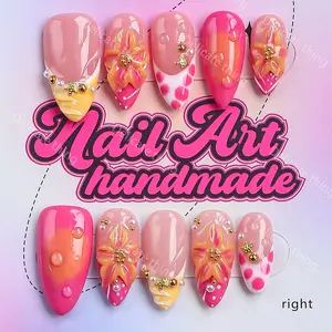 Delicatething Y2K Style Long Sharp Nails, Handmade Press On Wearable Nail Set, 4 Sizes XS S M L, Beads, French Design, Summer Nails, Perfect Gift for Women