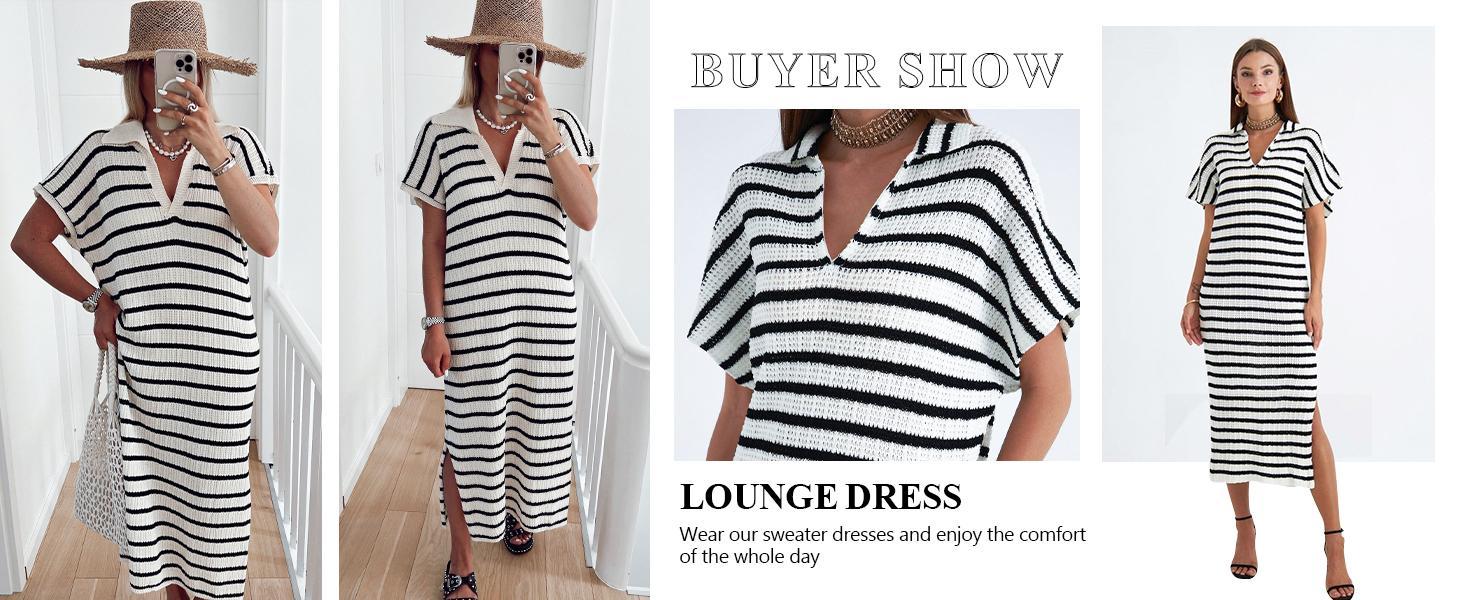 Imily Bela Womens Striped Summer Dresses Short Sleeve V Neck Knit Collared Sexy Slit Loose Maxi Sweater Dress SpringStatements
