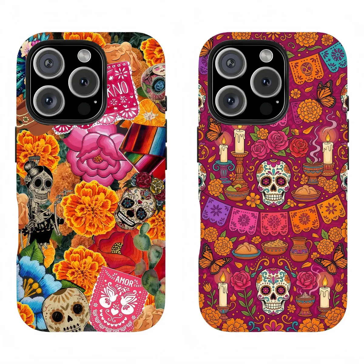 Mexican Day of the Dead Sugar Skull Marigold Floral Glossy Thick Film Hard Phone Case For iPhone 17/16/15/14/13/12/11/X Series & Samsung S26/S25/S24/S23/S22/S21 Series, Vibrant Dia De Los Muertos Folk Art Protective Cas  #LMHKFLKPT2