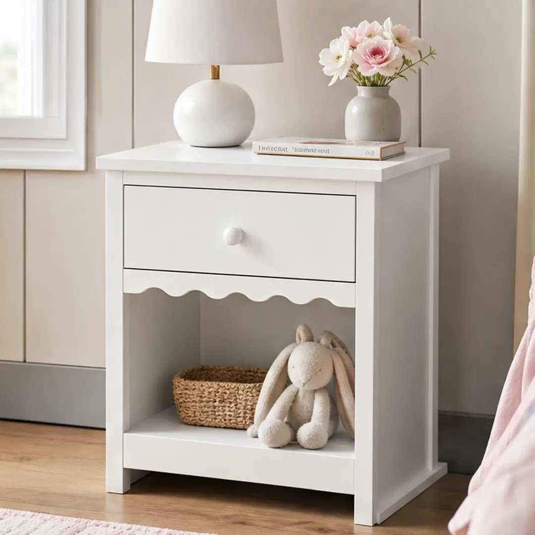 Dainty White Modern Scalloped Edge Nightstand - Engineered Wood (MDF) Indoor End Table with 1 Drawer & Open Shelf, Apartment Size Room Decor Apartment Stuff, Wipe Clean Bedroom Bedside Table, Assembly Required, 14.96"W x 16.93"D x 26.77"H