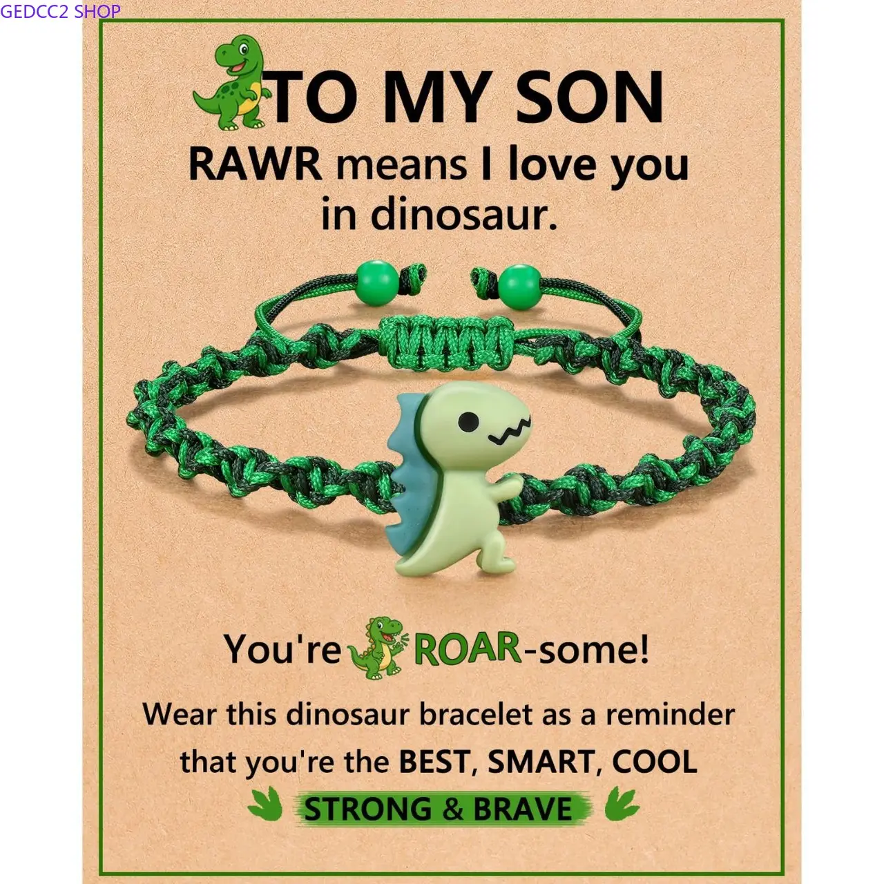 Cotton Back-to-School Braided Bracelet with Cute Dinosaur Pendant, Dinosaur Design Green Wristband, Student School Season Gift (Sports & Outdoor Camping Hiking Hammocks Accessory), Students, 1Pcs, School Gift, Single Bracelet
