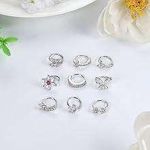 Trendy Summer 9pcs 20G Nose Rings Hoops for Women - Surgical Steel Paved CZ Cartilage Earring Hoop Cute Butterfly Flower Nose Piercing Jewelry - Silver, Gold, Black, Rose Gold