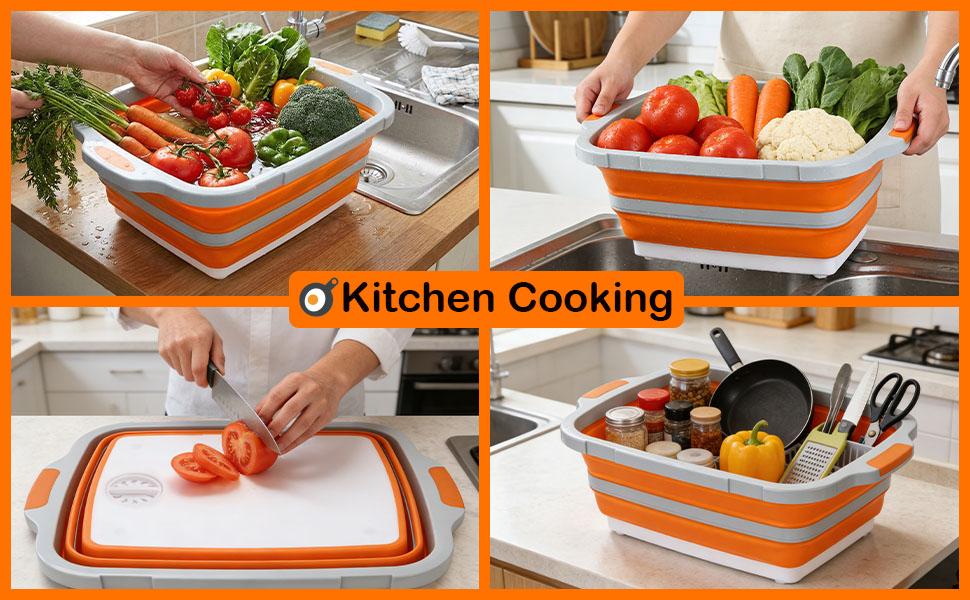 16L Collapsible BBQ Prep Tub with Locking Lid Cutting Board for Marinating Food Storage - Portable Wash Basin for Kitchen Camping Sink - Gift for Men Women for Household Baking Grill Picnic Tailgate