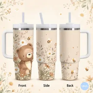 Wildflower Forest Critters Vacuum Flasks 40oz Stainless Steel Vacuum Insulated Tumbler with Handle & Straw | Long-Lasting Cold & Heat Retention, Leak-Resistant | For Iced Coffee, Water, Office, Gym & Travel
